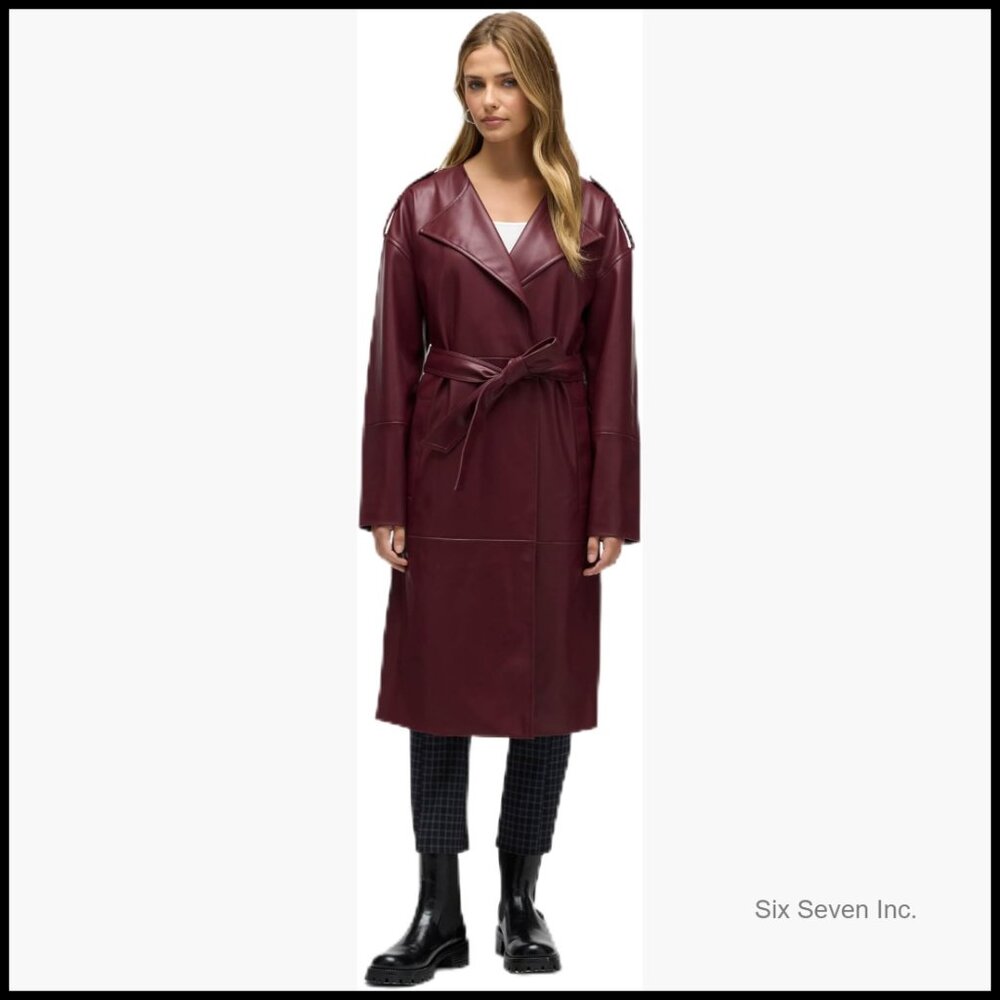 Faux Leather Trench Coat With Notch Collar And Self Belt